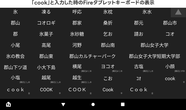 FireタブレットのIMEの表示（cookと入力した時の変換候補）