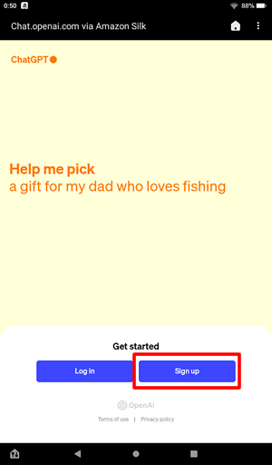 初めての場合はSign upをクリック：FireタブレットでChatGPTを使う方法