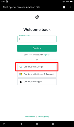 メールアドレスを使ってサインナップできる：FireタブレットでChatGPTを使う方法