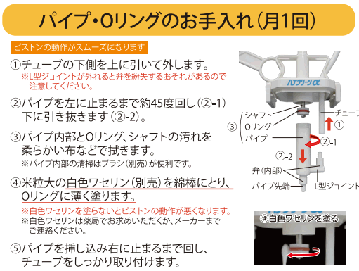 ハナクリーンαの手入れ・パイプ・Oリングの手入れ（月1回）