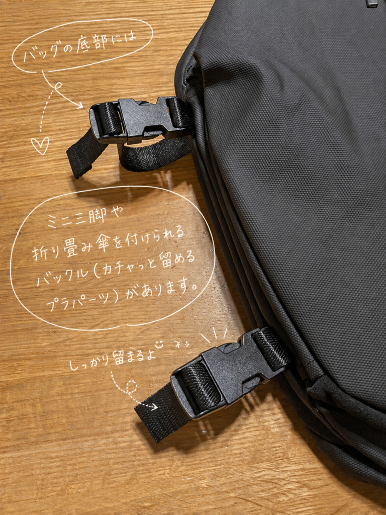 バックの底面にはバックルがついていて、三脚や折り畳み傘などを付けられる
