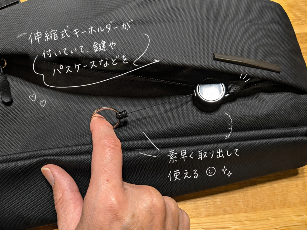 伸縮キーホルダーがついている一つ目のポケット