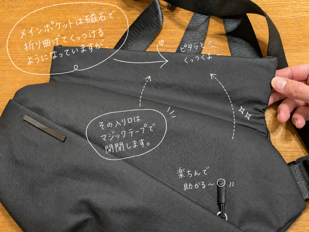 メインのポケットは磁石でくっつけるタイプ
