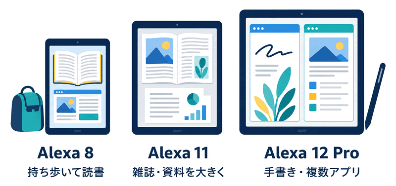 Alexaタブレット8、11、12Proの比較